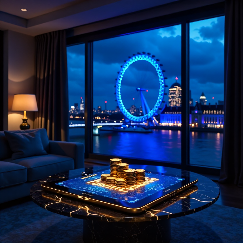 Ultra-luxury Mayfair penthouse interior at night with a panoramic view of the London Eye illuminated with royal blue neon lights, sleek futuristic furniture, a glowing True Fortune tablet on a dark marble table, floating 3D golden poker chips and royal bl